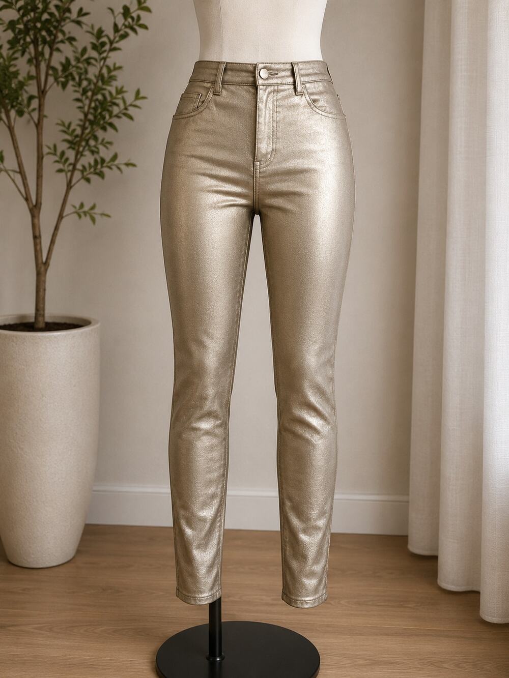 Women's Metallic Gold Stretch Skinny Pants High Waist